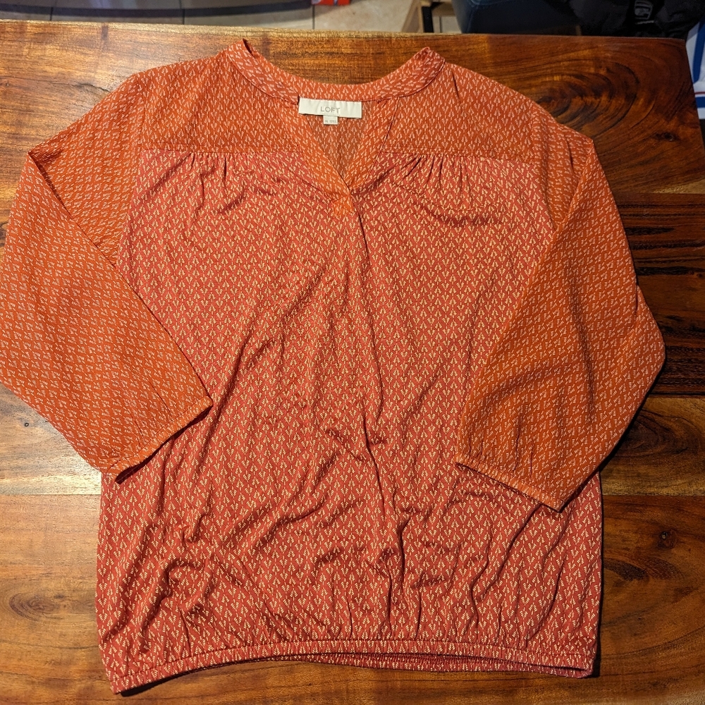 Burnt orange & beige long sleeved v neck blouse